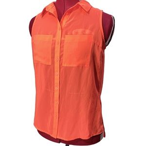 Nanette Lepore 90s y2k Neon Orange Cutout Draped Sheer Sleeveless Button Up Top